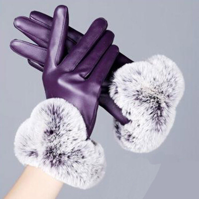 

Womens Fashion Leather Gloves Autumn Winter Warm Rabbit Fur Mittens