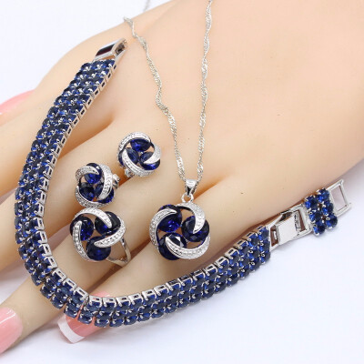 

Silver 925 Bridal Jewelry Sets Women Round Dark Blue Sapphire Bracelet Stud Earrings Necklace Pendant Rings