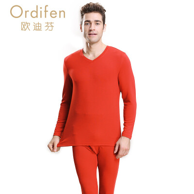 

Ou Difen mens warm suit mens V-neck home thick warm set XW6116 crystal red L