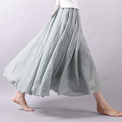 

Linen Cotton Long Pleated Skirts Women Elastic Waist Maxi Skirts Beach Party Vintage Summer Skirts Faldas Saia
