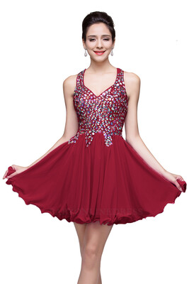 

A-line Sweetheart Short Sleeveless Chiffon Prom Dresses with Crystal Beads