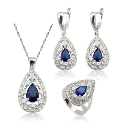 

Water Drop Blue Stone Silver Plated Jewelry Sets for Women Choker Dangle Earrings Ring Five Colors Available Free Jewelry Box
