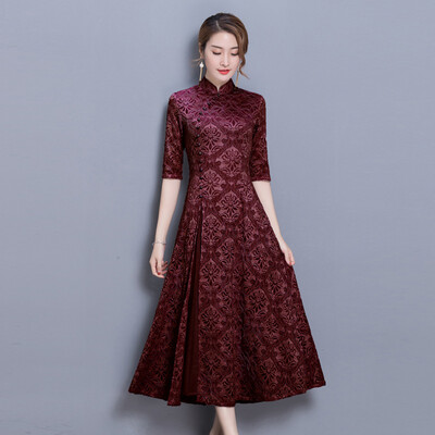 

2018 весной и летом новый Cheongsam длинные кружева cheongsam ретро строчки кружево платье