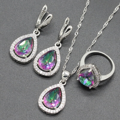 

Fashion Water Drop Multicolor Rainbow Stone Silver Plated Jewelry Sets for Women Seven Colors Available Free Jewelry Box