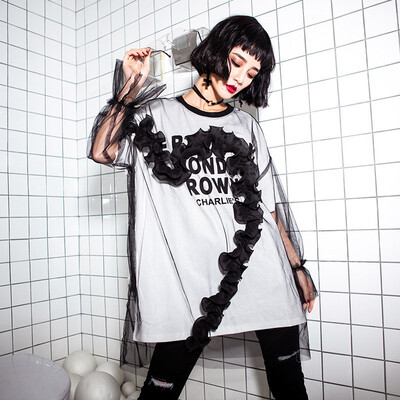 

2018 New Summer Fashion Fake Two Piece Patchwork Mesh Plus Size Loose Simple T Shirts Women T-shirts