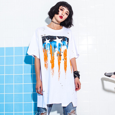 

New T-shirt Female Hole O-neck Long Loose Wild Printing T-shirt Plus Size Female Short Sleeves Loose T-shirt