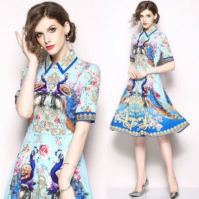 

DFYOP Womens Nnew lapel short-sleeved printed pleated ladies fashion dress