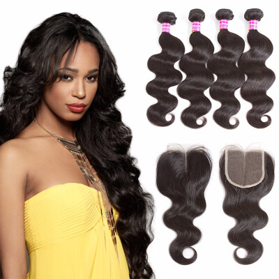 

8A Brazilian Virgin Human Hair Body Wave Bundles with Lace Closure 44 Middle Part 100 Unprocessed Hair Bundles with Closure