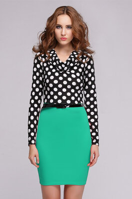 

Womens Belted Draped Neck Color block stitching long sleeve Dress Work Party Bodycon Dress