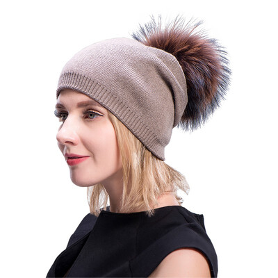 

MsMinShu Cashmere Hats For Women Pompom Beanies Fur Hat Female Warm Caps With Real Raccoon Fur Pompom Bobble Hat Adult