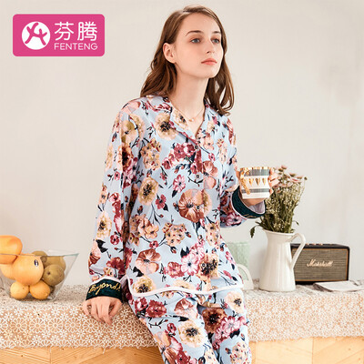 

Fenteng home service female elegant printed lapel long-sleeved pajamas feminine suit J98931448 light blue M