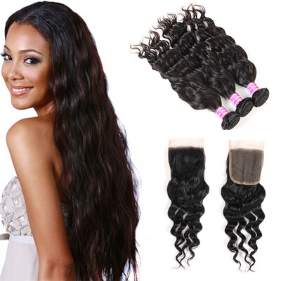 

8A Brazilian Virgin Human Hair Natural Wave Bundles With Free Part Closure Wholesale 100 Unprocessed Natural Wave Bundles