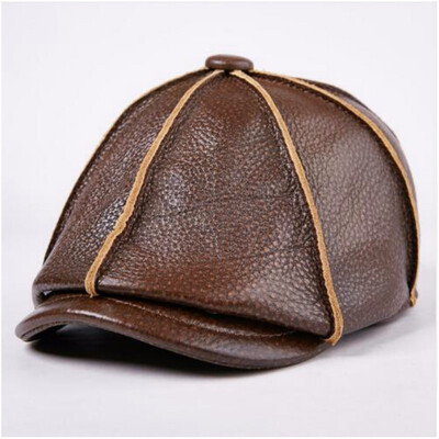 

Mens Genuine Leather Hat Male Cow Cap Male Cowhide Warm Baseball Cap Adult Ear Protection Outdoor Octagonal Hat B-7207