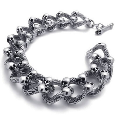 

Hpolw men silver Stainless Steel Biker Gothic Skullskeleton spiral chain Bracelet17mm067" Length 85"216cm