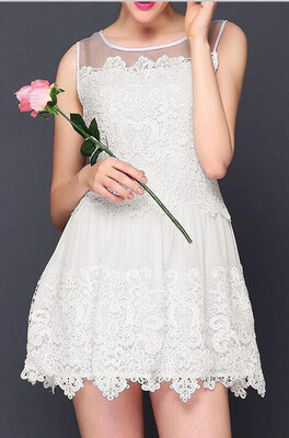 

New Sweet Crochet Patchwork Mesh Round Neck Sleeveless Slim Mini Lace Dress