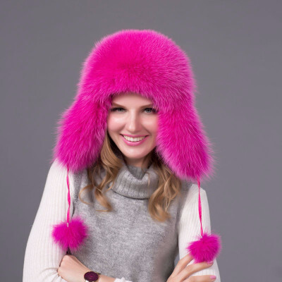 

FURART hot warm autumn&winter female Fox fur bomber hat snow cap fur womens hat ladies leather ear caps