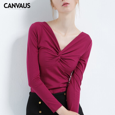 

Canvaus New Women Spring Autumn Elastic Slim Solid V-neck Cotton Long Sleeve T-shirt Lady Undershirt Tops