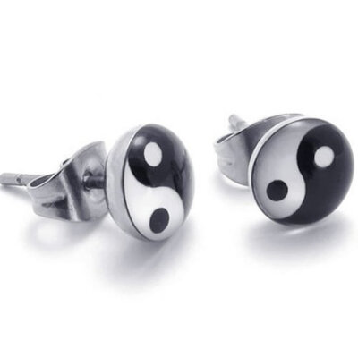 

Hpolw Two Tone Stainless Steel Earth & Heaven Mens Stud Earrings, 2pcs, Color White Black