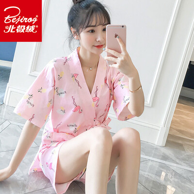 

Arctic velvet pajamas ladies cotton kimono sets cardigan pajamas home service suit blue crane stripes M