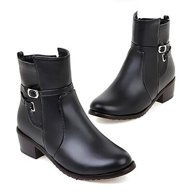 

IDIFU Womens Trendy Buckled Straps Round Toe Side Zipper Block Low Heel Short Boots