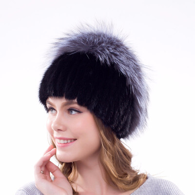 

Natural mink fur cap hand-woven fox fur decoration design womens winter hat fur hat 2018 new hot ladies hat fashion popular