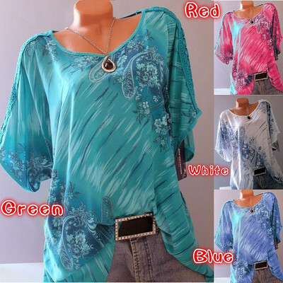 

2018 Women Casual Loose Summer Flower Print Fancy Tops Blouse Short Sleeve T-shirts Crochet Lace Up Tops