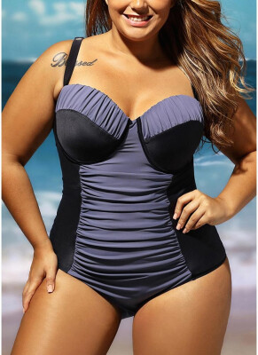 

2018 Women Plus Size One Piece Swimsuit Color Block Underwire Padded Push Up