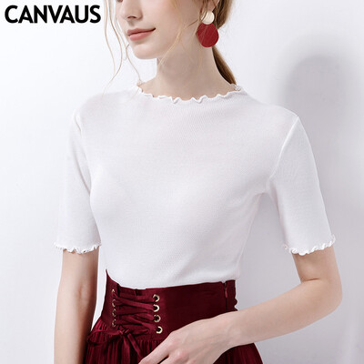 

Canvaus Summer Women Wave Cuffs Simple Slim Solid Elegant Temperament Short-sleeved T Shirt