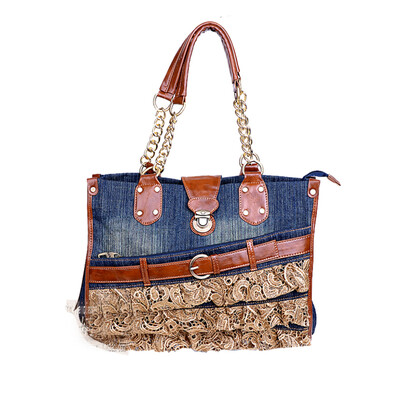 

New Fashion denim bag women leather handbag lady shoulder bag british retro big bag casual fashion messenger bag motorcycle bag