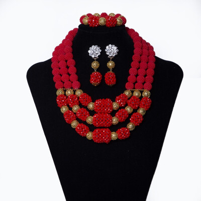 

Hot Red Festive Dubai Wedding Jewelry Set For Women African Pearl Jewelry Set Nigerian Bridal Crystal Beads Statement Necklace