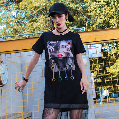 

Casual Dress 2018 Summer New Loose Short-sleeved Cotton Patchwork Mesh Straight Print Dresses