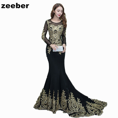 

Sexy mermaid Evening Dresses Long Vintage Black Elegant long Sleeves Lace Party Gown Prom Dress Women Zipper Robe Evening Gown