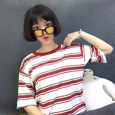 

Summer Women Harajuku Black&White Striped T-shirts Loose Short Sleeve Female T-shirt