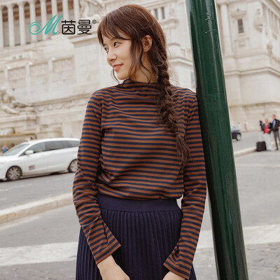 

INMAN 2018 autumn new wild striped half-high collar comfortable long-sleeved shirt T-shirt female 18830VP21027 pink M