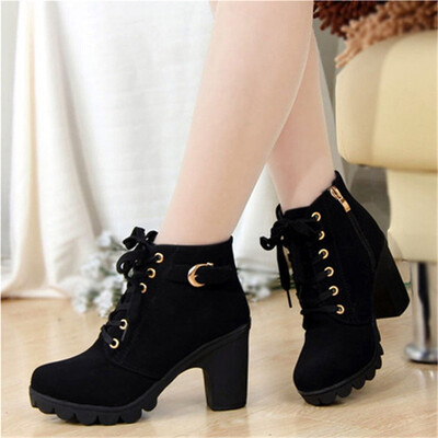 

Womens Short Boot Thick Heels Wild Black Matte Female Shoes Platform Combat Boots
