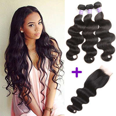 

Kapelli hair 7A Peruvian Virgin Hair With Closure Virgin Human Hair Weave Bundles With Closure Peruvian Body Wave With 44 Closure