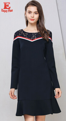 

M L XL XXL 3XL 4XL 5XL plus size cotton casual new autumn 2018 women dress long sleeve large size navy blue lace elegant female