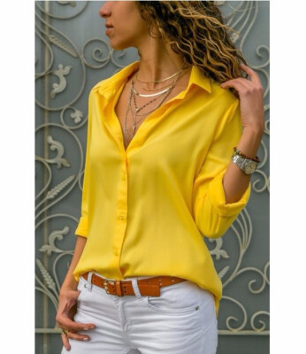 

2018 Womens Fashion Solid Color Roll Sleeve Shirts Casual Tops Blouse