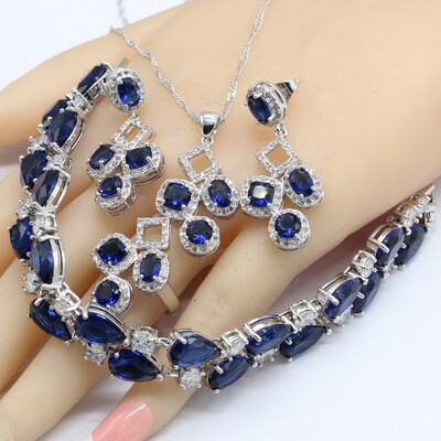

925 Silver Bridal Jewelry Sets For Women Multi Color Blue 4PCS Bracelet Earrings Necklace Pendant Rings
