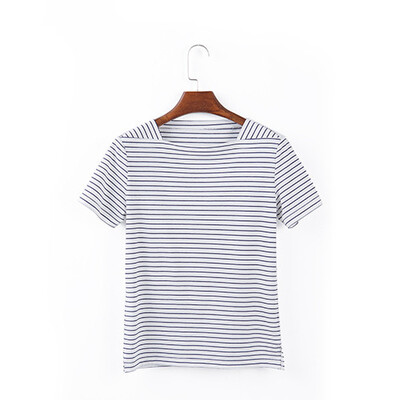 

Canvaus Summer New Women Slim Square Collar Horizontal Stripes Stitching Short Sleeve Fashion Simple T-shirt