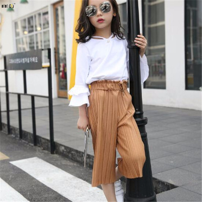 

Children Girls Clothes Set Summer Tops & Wide Leg Pants Solid Chiffon Flare Sleeve Kids Clothing Suits 5 6 7 8 9 10 11 12 Years