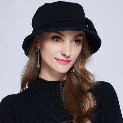 

New Wool Hat Winter Noble European Elegant Girls Fashion Cap Ladies Bucket Woolen Hat Foldable Women Wool Fedora Hat B-7330