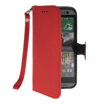 

MOONCASE Litch Skin Leather Side Flip Wallet Card Holder Pouch with Kickstand Shell Back Case Cover for HTC One M8 Red