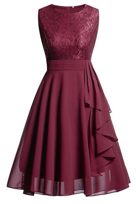 

2018 Womens Vintage Sleeveless Ruffles Belt Floral Lace Bridesmaid Chiffon Dress