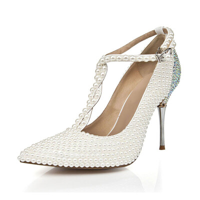 

White personality iron with T buttons pearl pointed shallow thin single shoes fashion lady high heel wedding shoes