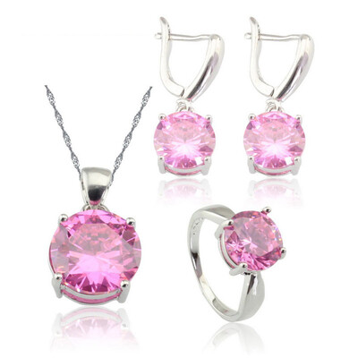 

Pink Stone Silver Plated Wedding Jewelry Sets for Women Necklace Drop Earrings Ring Eight Colors Available Free Jewelry Box