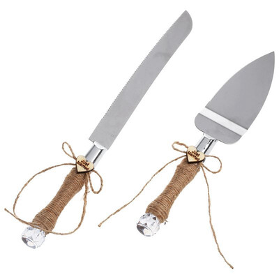 

UpperX 1 set of silver hemp rope hemp rope bow love Just Married wedding cake knife shovel 1 cake knife a cake shovel