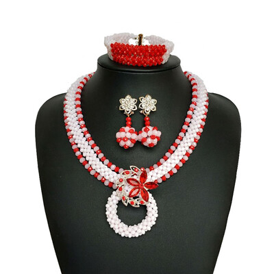 

2018 Exquisite Crystal Flowers Handmade Jewelry Luxury Nigerian Wedding Coral Jewelry African Bridal Beaded Necklace Earrings Set