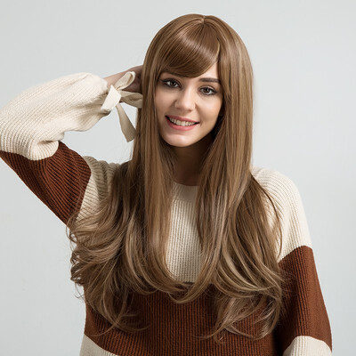

BLONDE UNICORN 20 Inch Long Straight Synthetic Women Long Hair Wig with Bangs Light Brown Straight Hair Full Wigs for Women