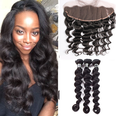 

7A Peruvian Virgin Hair 3 Bundles With 13x4 Lace Frontal Loose Wave Hair Amazing Hair Weft Ocean Hair Weave Silky Texture